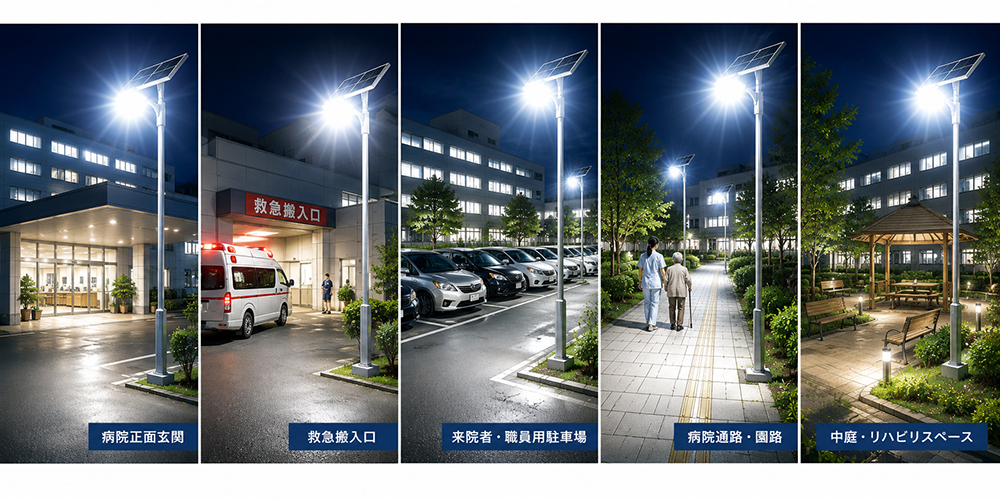 ソーラー、ライト、病院の正門、正面玄関、救急搬入口、来院者・職員用駐車場、病院通路・園路、駐車場、中庭・リハビリスペース、避難場所、通路などで実績豊富、大活躍中！