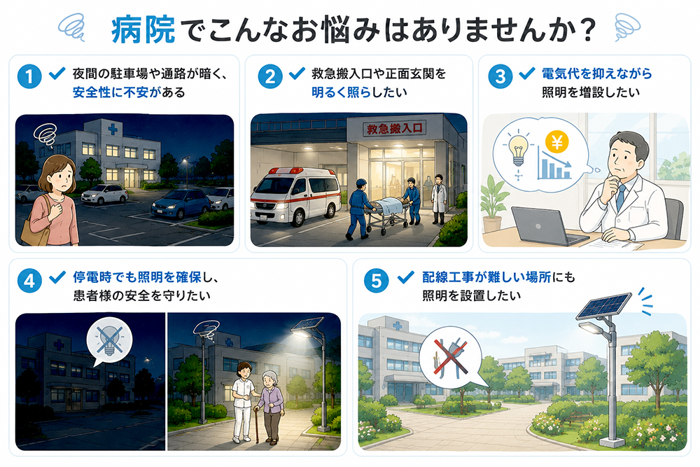 病院でこんなお悩みはありませんか？夜間の駐車場や通路が暗く、安全性に不安がある、救急搬入口や正面玄関を明るく照らしたい、電気代を抑えながら照明を増設したい、停電時でも照明を確保し、患者様の安全を守りたい、配線工事が難しい場所にも照明を設置したい