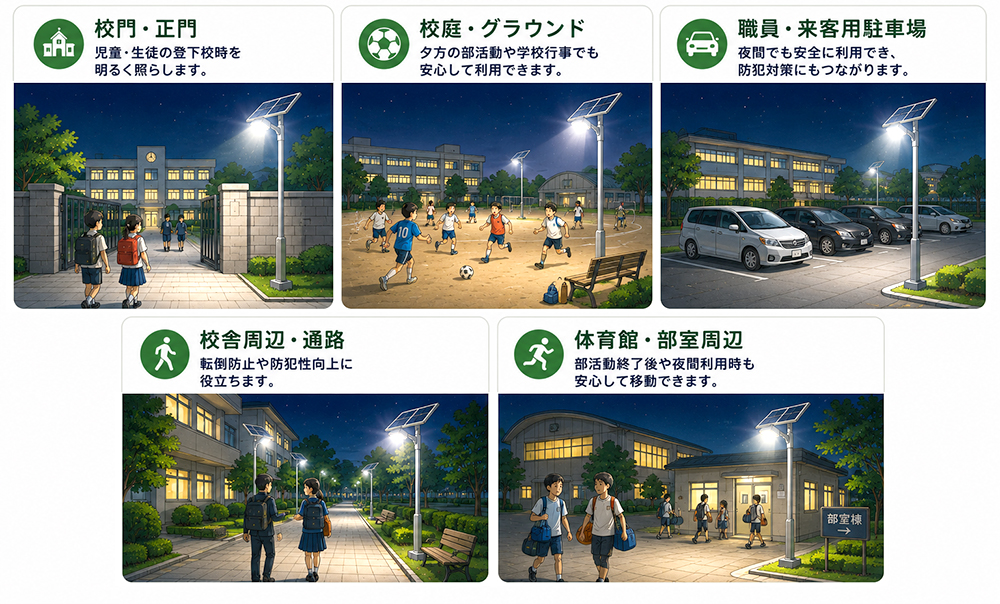 ソーラー、ライト、学校の正門、校門、校庭、グランド、駐車場、体育館、クラブハウス、避難場所、校舎、通路、昇降口、学校の駐車場などで実績豊富、大活躍中！
