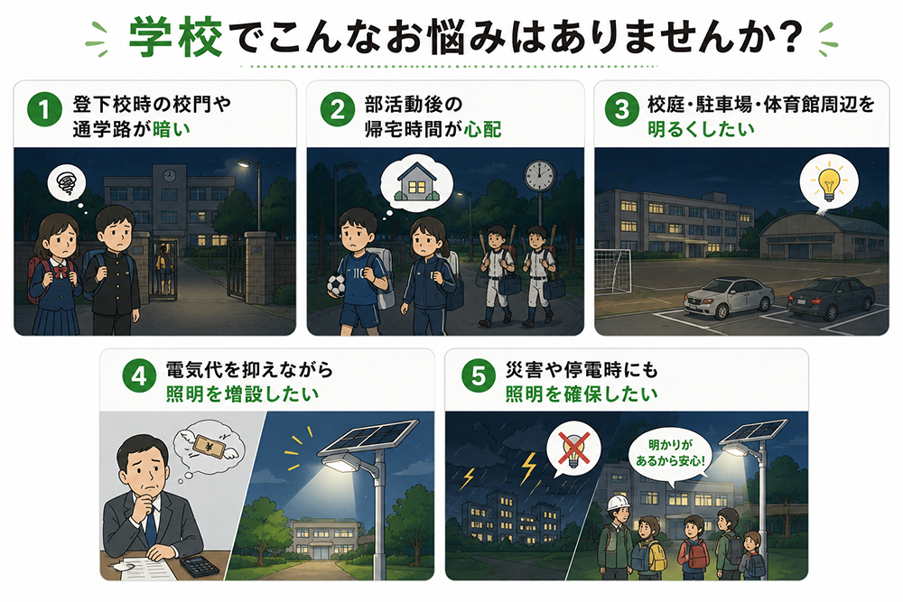 学校でこんなお悩みはありませんか？登下校時の校門や通学路が暗い、部活動後の帰宅時間が心配、校庭・駐車場・体育館周辺を明るくしたい、電気代を抑えながら照明を増設したい、災害や停電時にも照明を確保したい