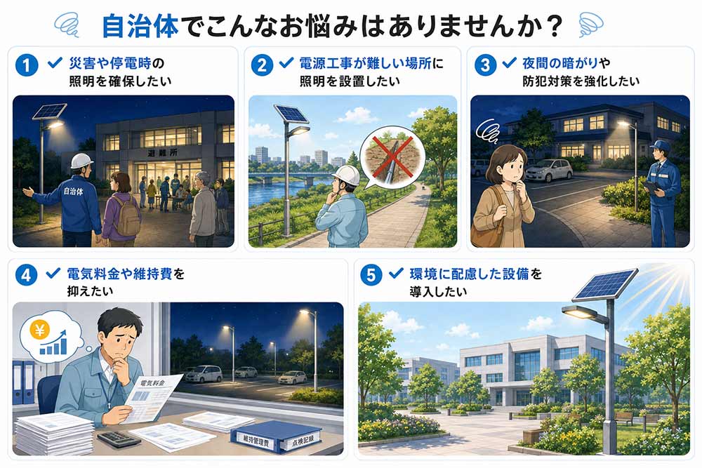 自治体の照明整備で、このようなお悩みはありませんか? 災害や停電時の照明を確保したい:避難所や防災拠点では、災害によって電力供給が止まった場合にも、安全に移動・避難できる環境づくりが求められます。 電源工事が難しい場所に照明を設置したい:公園、河川敷、通学路などでは、周辺に電源がなく、配線工事や掘削工事が大規模になることがあります。 夜間の暗がりや防犯対策を強化したい:公共施設の出入口、駐車場、歩道などの暗がりは、転倒や接触事故、不審者への不安につながります。 電気料金や維持費を抑えたい電気料金や維持費を抑えたい:照明を新しく設置したいものの、導入後の電気料金や継続的な維持管理費が課題になる場合があります。 環境に配慮した設備を導入したい:脱炭素や再生可能エネルギーの活用に向け、公共施設にも環境負荷の少ない設備が求められています。 自治体の照明整備で、このようなお悩みはありませんか? 災害や停電時の照明を確保したい:避難所や防災拠点では、災害によって電力供給が止まった場合にも、安全に移動・避難できる環境づくりが求められます。 電源工事が難しい場所に照明を設置したい:公園、河川敷、通学路などでは、周辺に電源がなく、配線工事や掘削工事が大規模になることがあります。 夜間の暗がりや防犯対策を強化したい:公共施設の出入口、駐車場、歩道などの暗がりは、転倒や接触事故、不審者への不安につながります。 電気料金や維持費を抑えたい電気料金や維持費を抑えたい:照明を新しく設置したいものの、導入後の電気料金や継続的な維持管理費が課題になる場合があります。 環境に配慮した設備を導入したい:脱炭素や再生可能エネルギーの活用に向け、公共施設にも環境負荷の少ない設備が求められています。