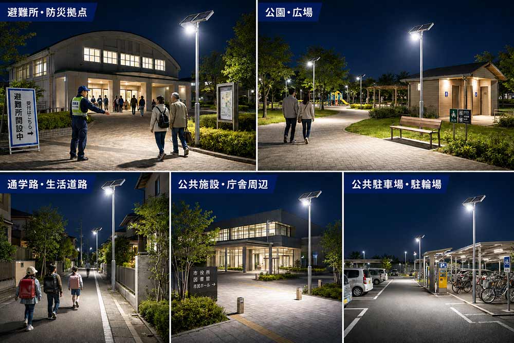 ソーラー、ライト、遊歩道、商店街、公園、通路、自治会館入り口・駐車場、公共施設、公共施設通路、駐車場、避難場所などで実績豊富、大活躍中! ソーラー、ライト、遊歩道、商店街、公園、通路、自治会館入り口・駐車場、公共施設、公共施設通路、駐車場、避難場所などで実績豊富、大活躍中!