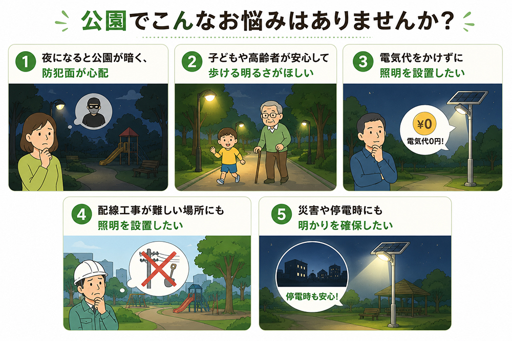 こんな悩みはありませんか？夜になると公園が暗く、防犯面が心配、子どもや高齢者が安心して歩ける明るさがほしい、電気代をかけずに照明を設置したい、配線工事が難しい場所にも照明を設置したい、災害や停電時にも明かりを確保したい