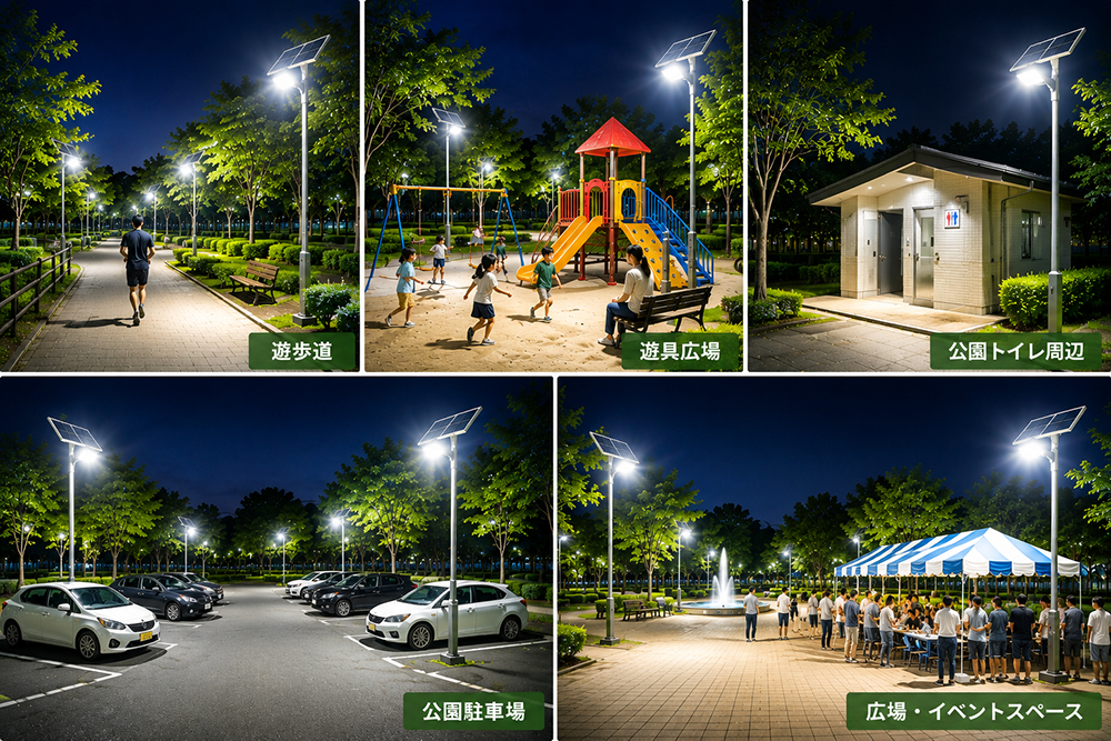 遊歩道、遊具広場、公園トイレ周辺、公園駐車場、広場・イベントスペース