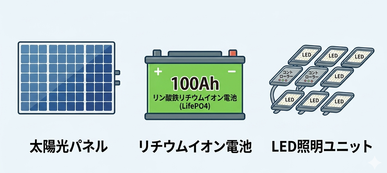 ソーラー外灯基本構造の３つ