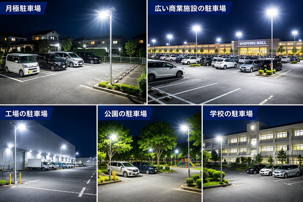 ソーラー、ライト、月極駐車場、広い商業施設の駐車場、工場の駐車場、公園の駐車場、学校の駐車場などで実績豊富、大活躍中！